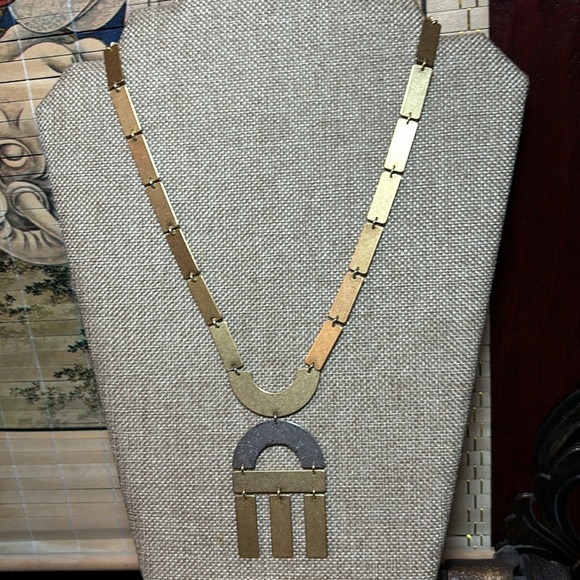 Gold Tone Metal Geometric Link Necklace 21.5”L Earthy Tribal Boho EVC Signed M - Picture 8 of 9